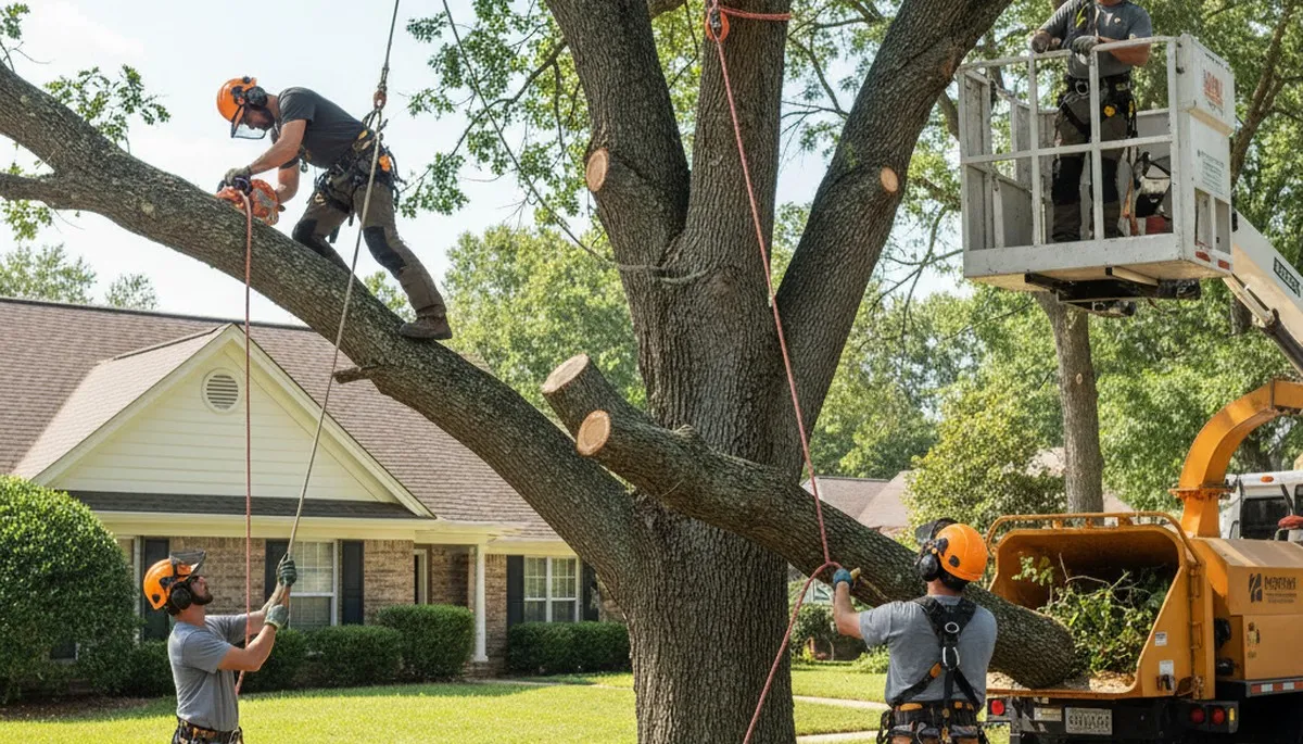Lancaster, PA tree removal crew safely removing an unsafe tree from a residential property