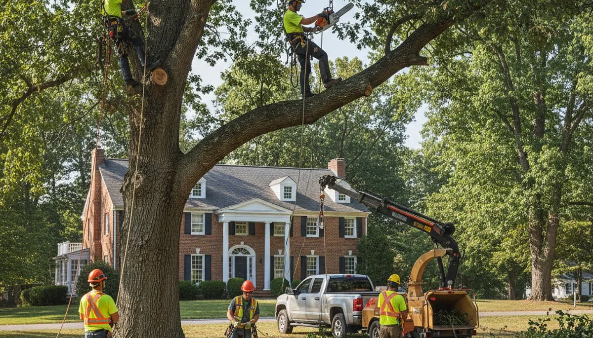 Tree service crew removing a tree in Lancaster, PA for safe residential property cleanup
